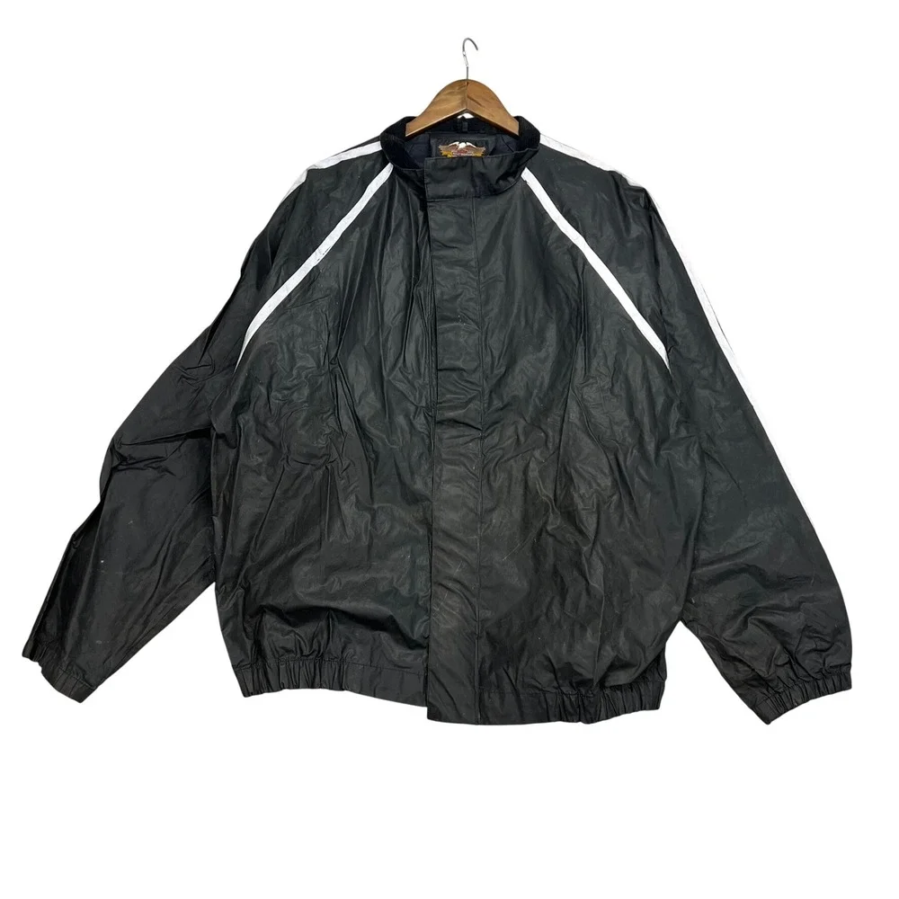 Vintage Harley Davidson Mens Rain Jacket Black PVC Windbreaker Winged Logo Large